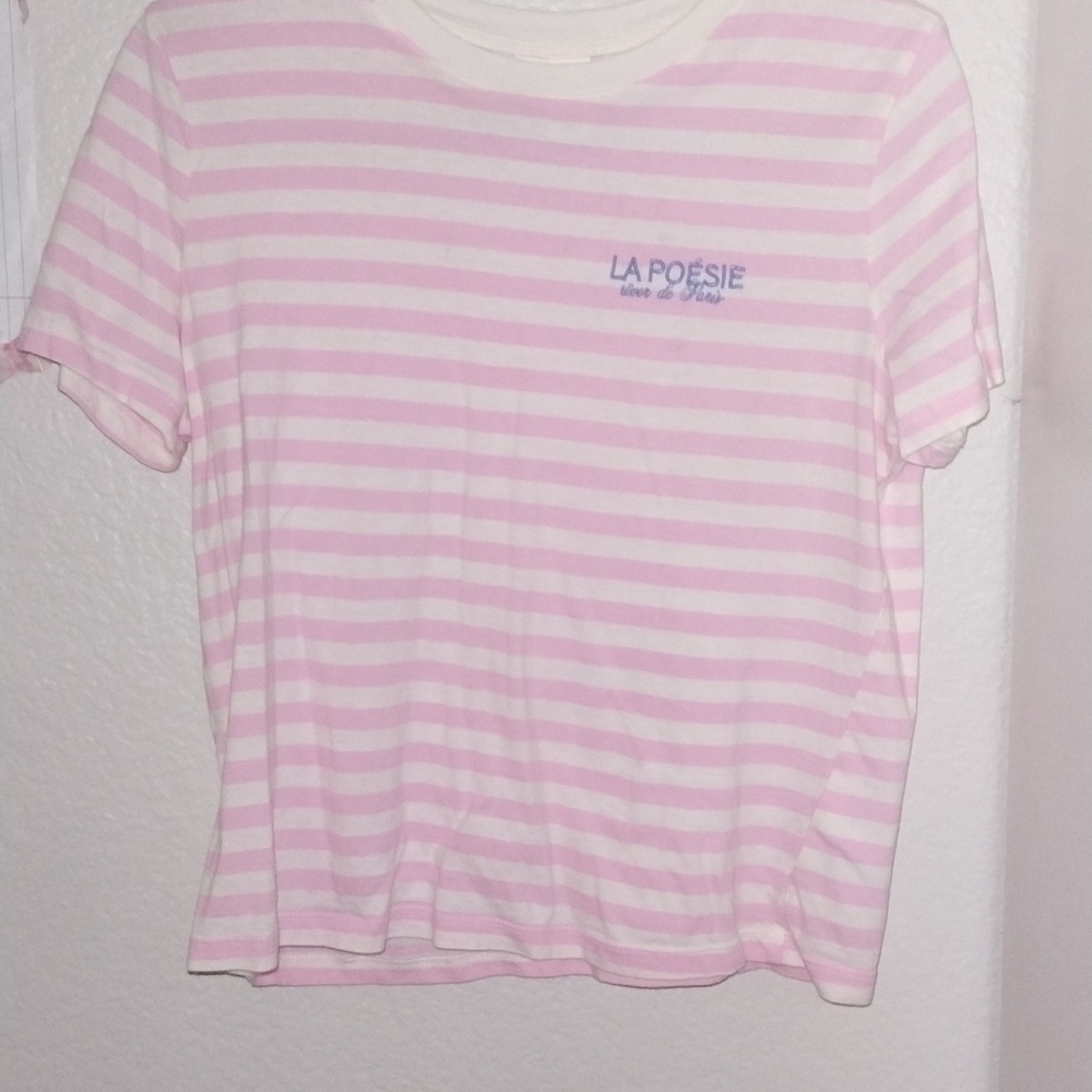 Small Women's Pink And White Stripped Shirt With A Blue Embroidered Label